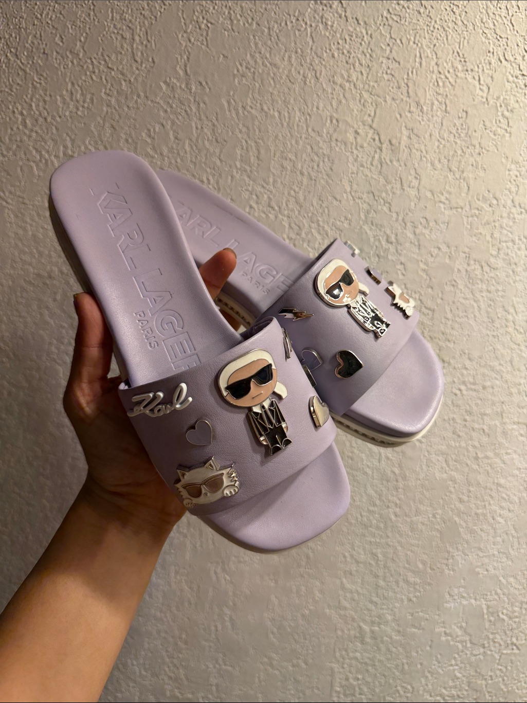 Karl Lagerfeld Lavender Slide Sandals With Metal Charms